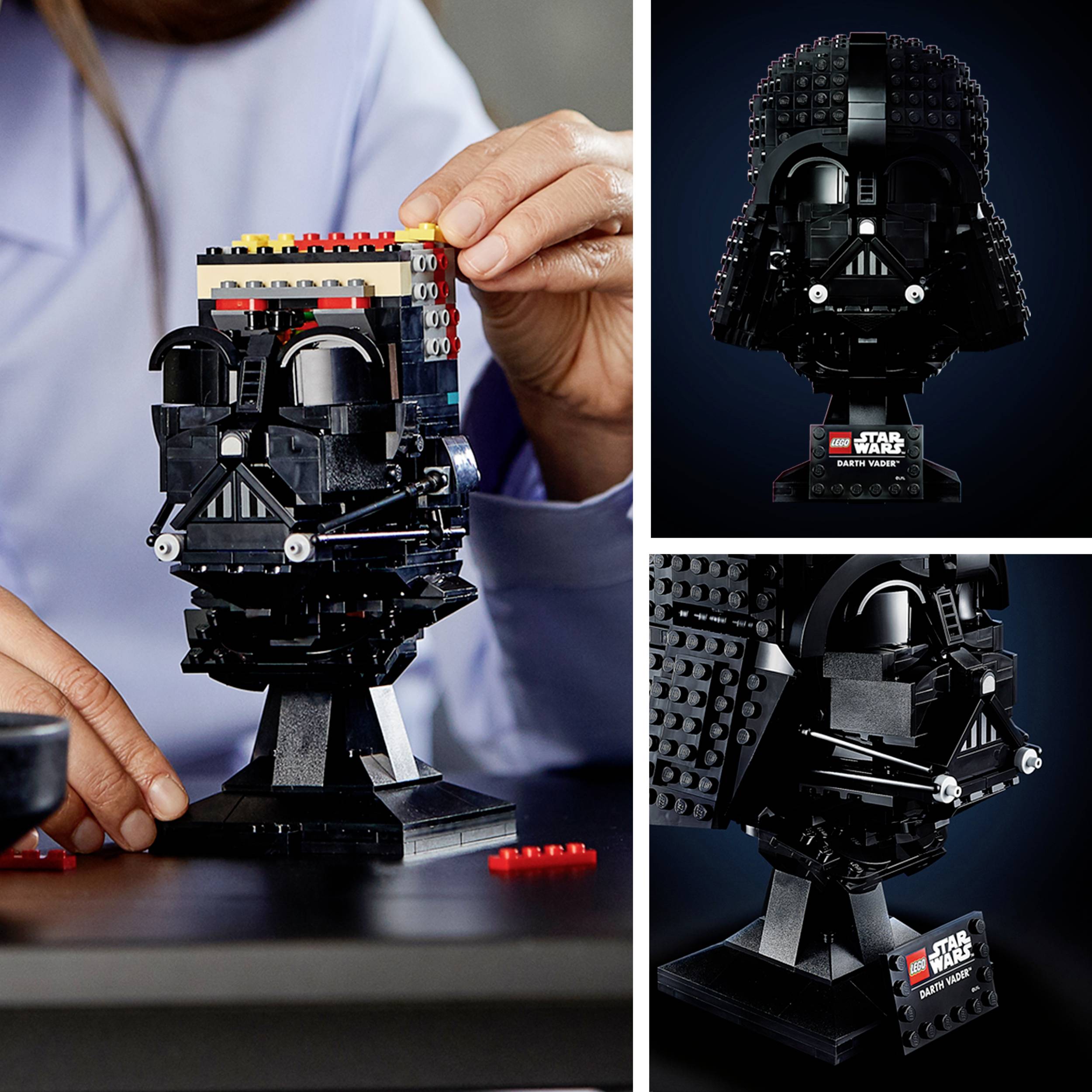 Person montiert ein schwarzes Helmmodell aus Legosteinen. Rechts ein fertiges Modell, inspiriert von einer berühmten Science-Fiction-Figur.
