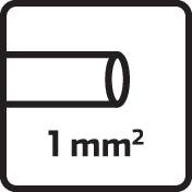 Schwarz-weißes Symbol: Querschnitt eines Kabels mit der Aufschrift '1 mm²', zeigt die Kabeldicke an.