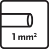 Schwarz-weißes Symbol: Querschnitt eines Kabels mit der Aufschrift '1 mm²', zeigt die Kabeldicke an.