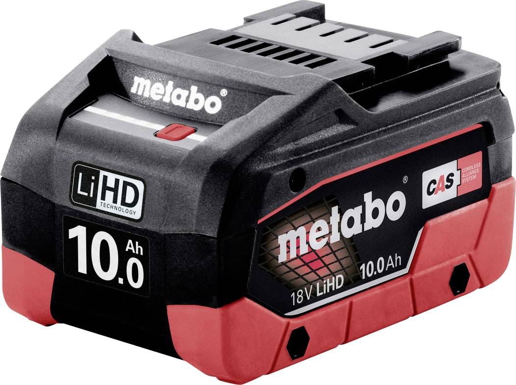Metabo 18V LiHD 10,0Ah Akku, schwarz-rotes Akkupack für kabelloses Elektrowerkzeug mit sichtbaren Markenetiketten.