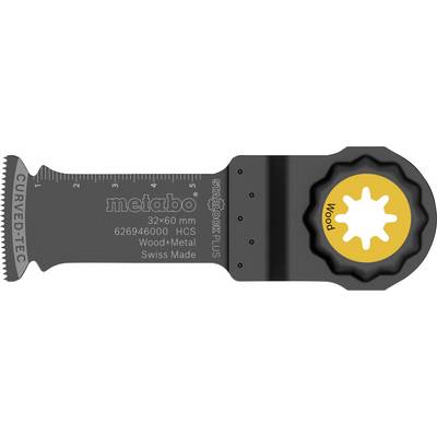Ein schwarzes Metabo 'SWISSTOOL PLUS' 32 mm Multitool mit einer curved-tec Klinge und einem gelben Holzanbau-Symbol auf dem Griff.
