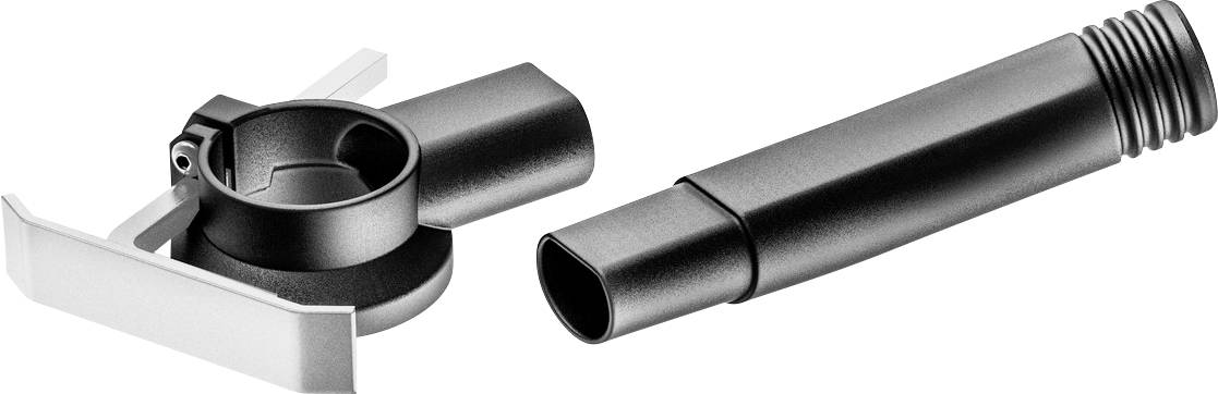 Schwarzer Kunststoff-Vakuumschlauchanschluss mit rundförmiger Spannring und flacher Metallhalterung neben einer separaten konischen Schlauchdüse
