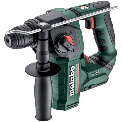 Grüner schnurloses Metabo Bohrhammer mit Seitengriff und Tiefeanschlag, abgebildet auf weißem Hintergrund.