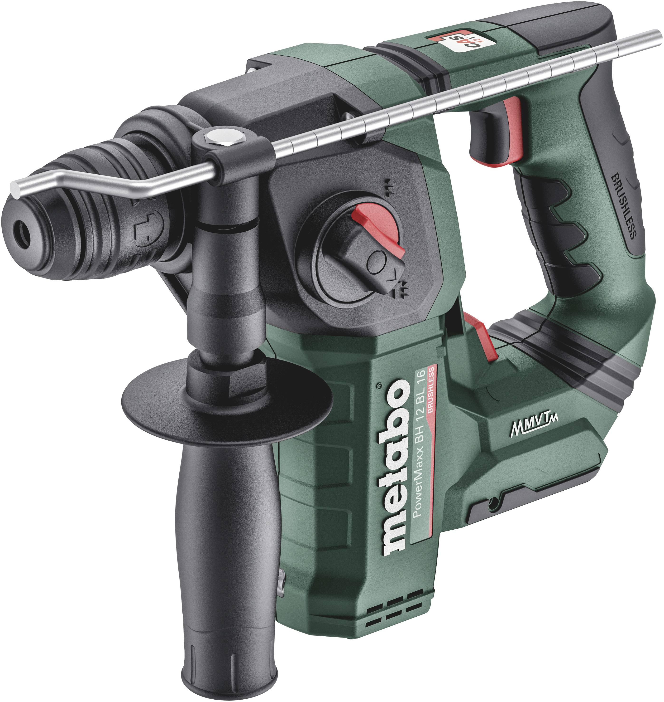 Ein grüner Bohrhammer mit schwarzem Griff und rotem Schalter, Marke Metabo. Entwickelt für Bau- und Renovierungsarbeiten.
