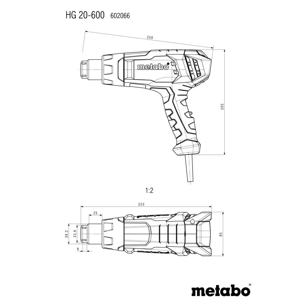 Technische Zeichnung des Metabo HG 20-600 Heißluftföhns mit Seiten- und Draufsicht, Maße in Millimetern. Modellnummer 602066.