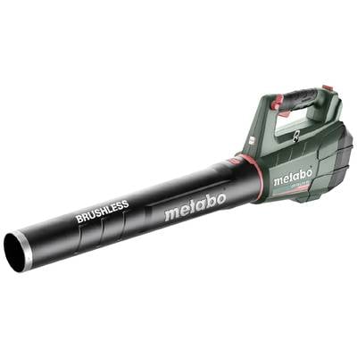 Ein grüner und schwarzer Akku-Laubbläser der Marke Metabo mit der Aufschrift 'BRUSHLESS' auf dem Rohr.