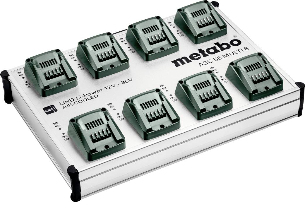 Metabo ASC 55 Multi 8 Batterieladegerät mit acht Ladeplätzen für LiHD/LiPOWER 12V–36V Batterien, luftgekühlt.