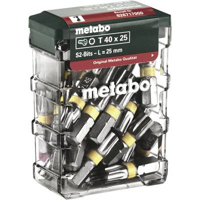 'Metabo Bit-Box, T 40 x 25, S2-Bits, Länge 25 mm, Original Metabo Qualität.' Ein transparenter Behälter mit Bits.