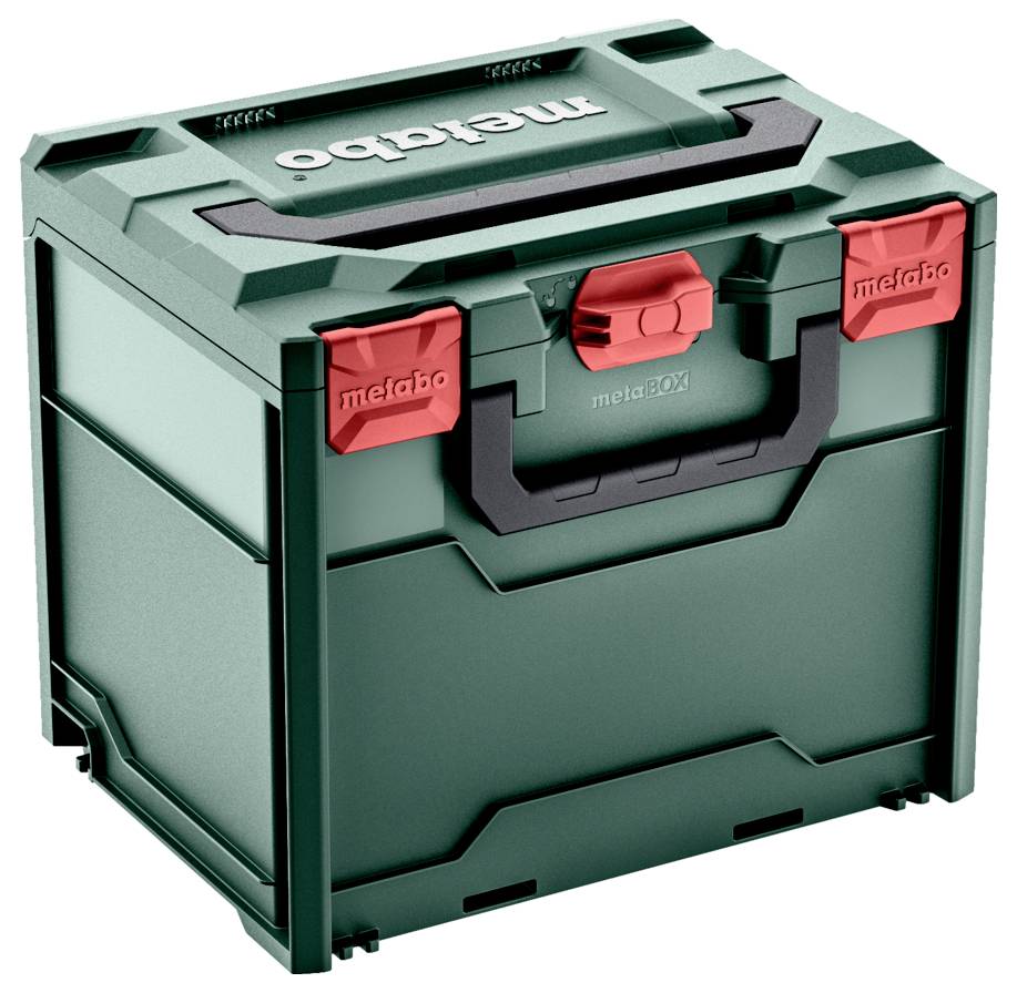 Grüne und rote Metabo Werkzeugaufbewahrungsbox mit Griff und Verschlüssen, geeignet zum Organisieren und Transportieren von Werkzeugen.