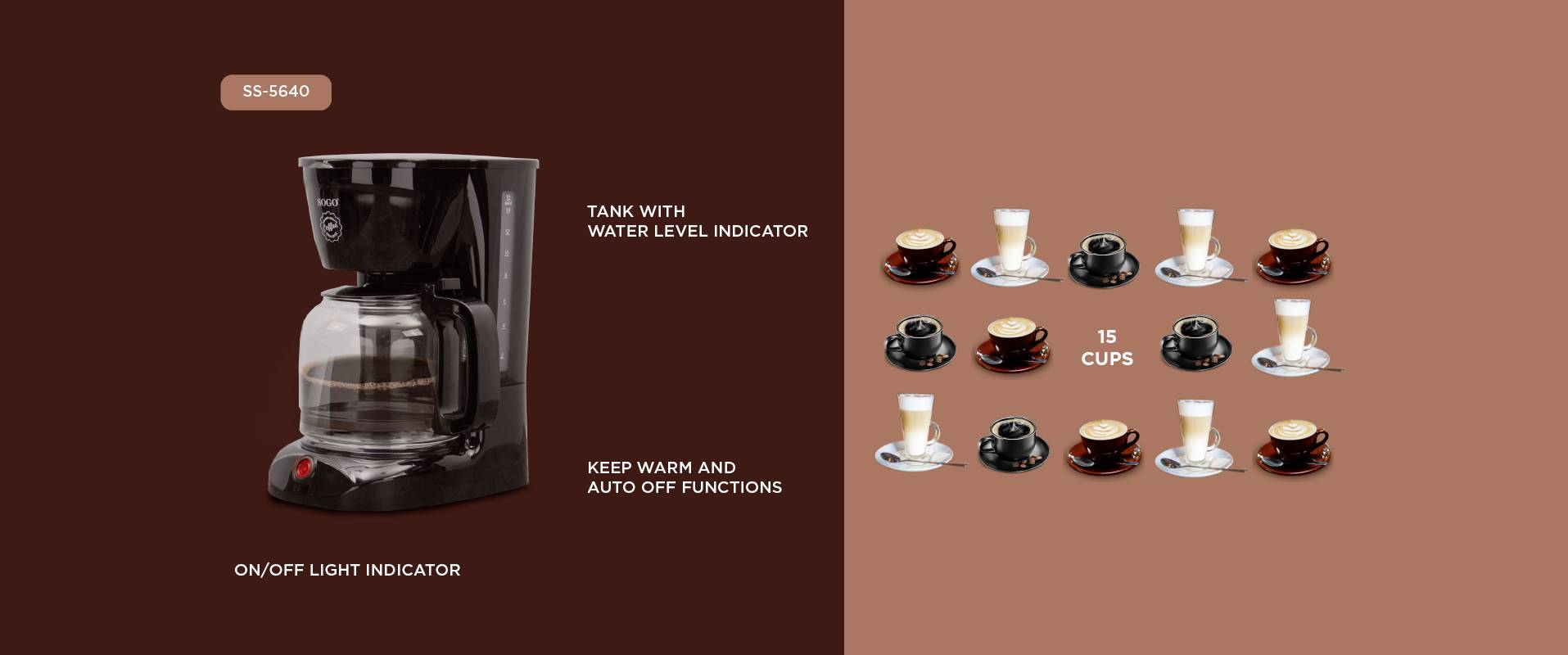 'Kaffeemaschine mit Wasserstandsanzeige, Ein/Aus-Leuchte, Warmhaltefunktion und automatischer Abschaltung. Zeigt 15 Tassen Kaffee.'