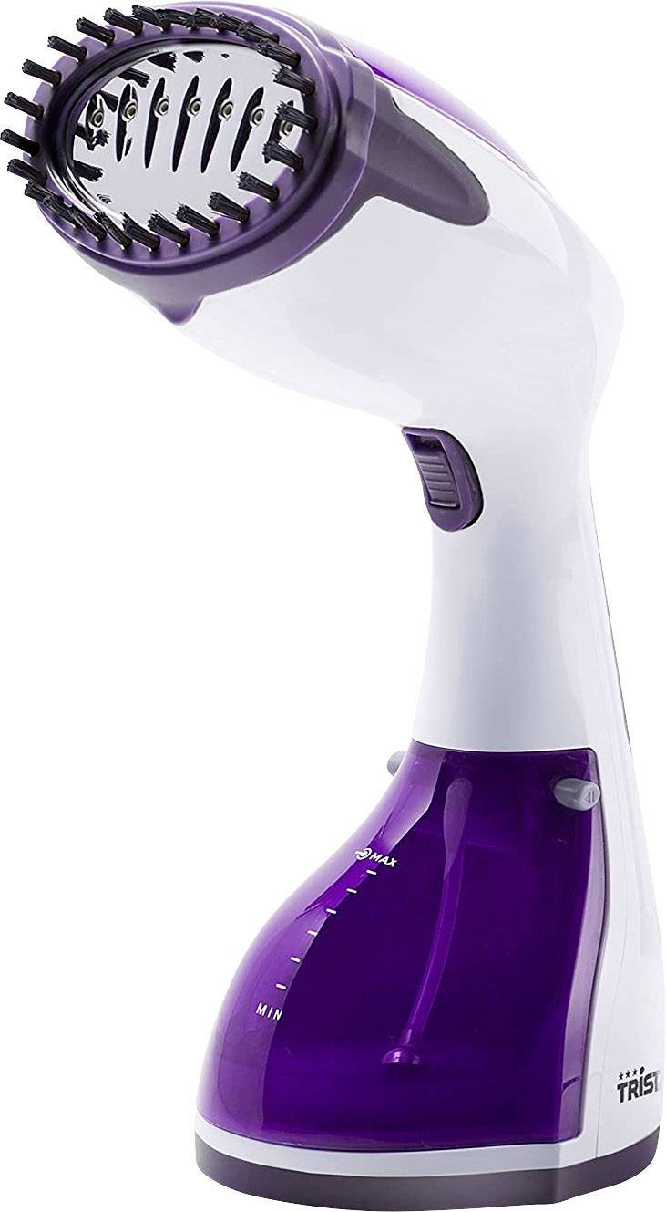 Ein weiß-violetter Hand-Dampfglätter mit abgerundetem Design und einem sichtbaren Wassertank.