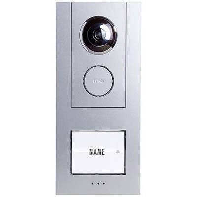Gegensprechanlage mit Kamera und Klingelknopf. Darunter ein Feld für den Namen des Bewohners. Gerät aus silbernem Metall.