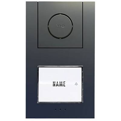 Dunkelgraue Haustürklingel mit rundem Knopf und beleuchtbarem Namensschild darunter.