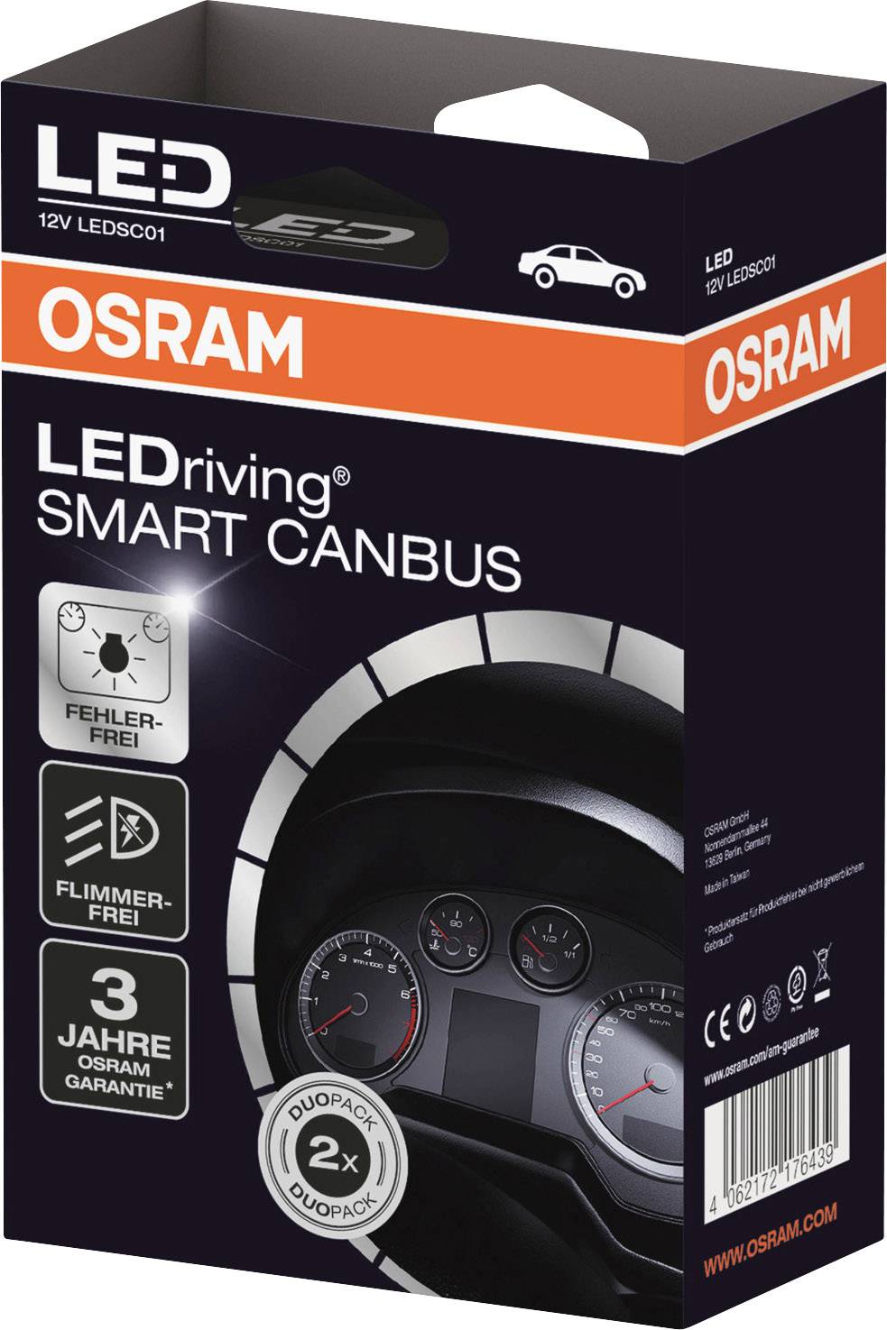 Verpackung einer OSRAM LEDriving SMART CANBUS 12V mit Abbildungen und Informationen zur Fehlerfreiheit, Flimmerfreiheit und 3 Jahre Garantie.