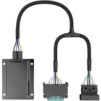 Zwei Kabel mit farbcodierten Drähten, die einen rechteckigen Metallblock mit einem elektronischen Stecker verbinden.