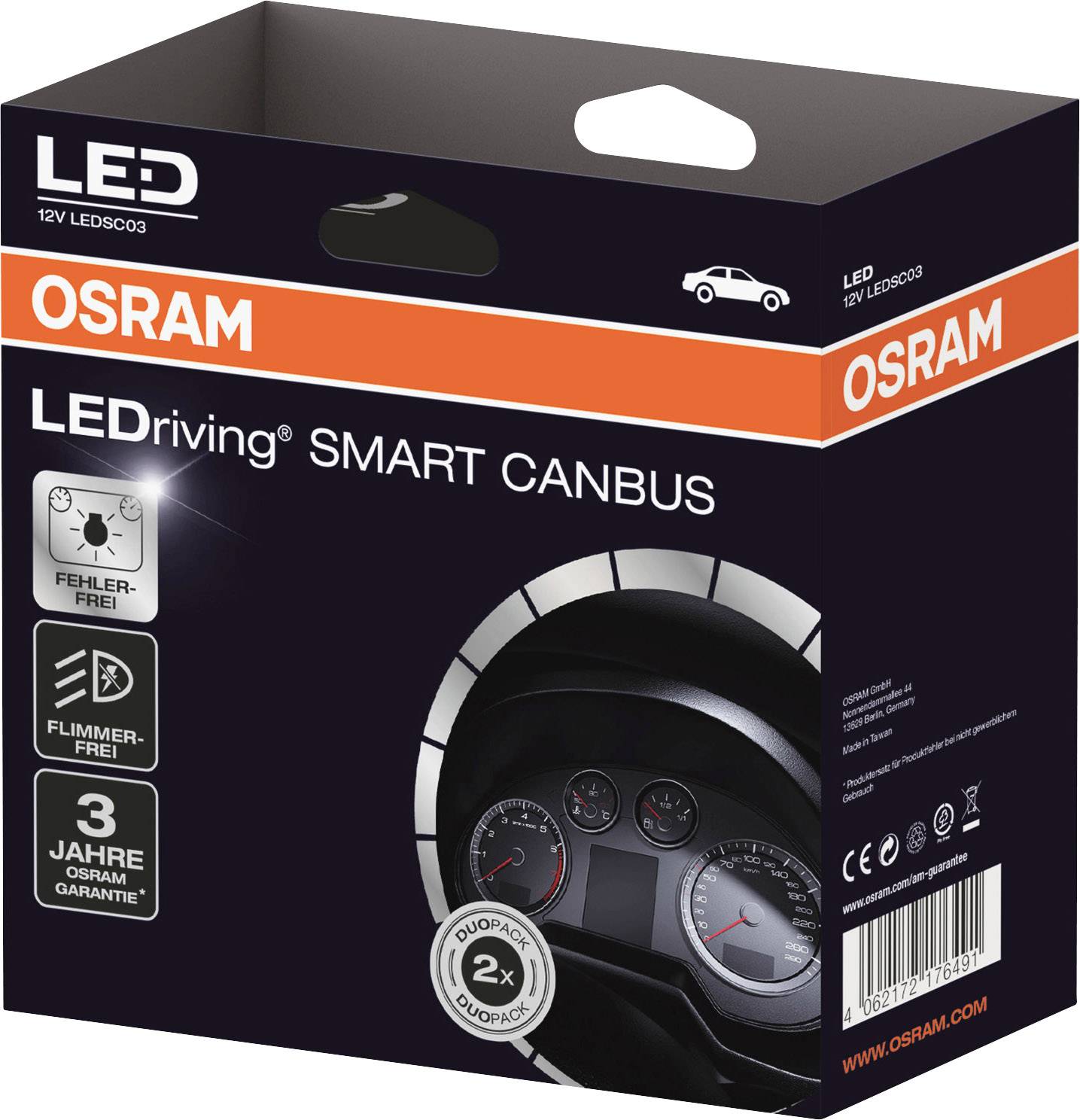 Die Verpackung von OSRAM LEDriving SMART CANBUS zeigt Tachometer-Abbildungen. Markenname und Produktfeatures wie 'fehlerfrei' sind hervorgehoben.