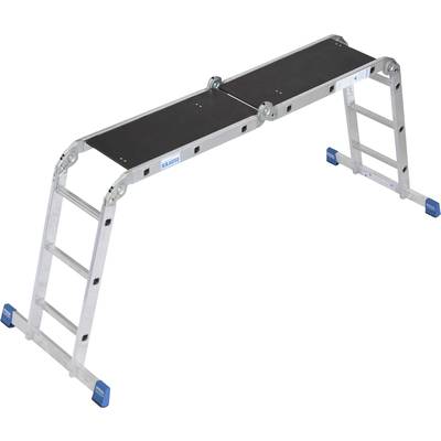 Eine klappbare Aluminium-Multifunktionsleiter, ausgeklappt zu einem Arbeitspodest. Geeignet für Bauarbeiten und Hausgebrauch.