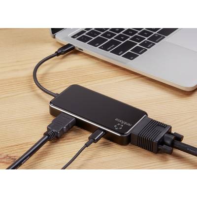Ein Laptop ist über mehrere Kabel mit einem schwarzen Adapter verbunden, der HDMI, USB und Ethernet unterstützt.