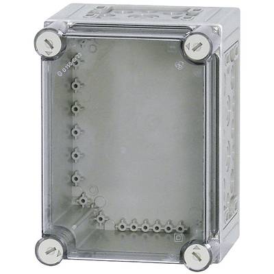 Transparente Elektronikbox aus Kunststoff mit vier Schrauben an den Ecken zur Befestigung und mehreren Anschlussöffnungen im Inneren.
