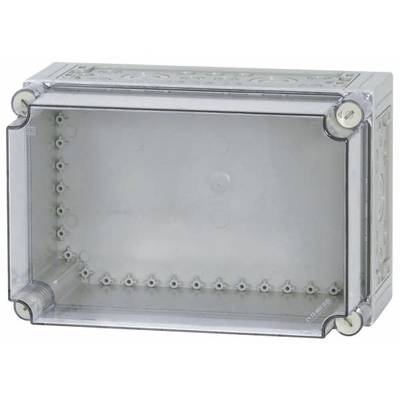 Kunststoff-Gehäuse mit transparentem Deckel und silbernem Rand. Geeignet für den Schutz von elektronischen Geräten vor Staub und Feuchtigkeit.