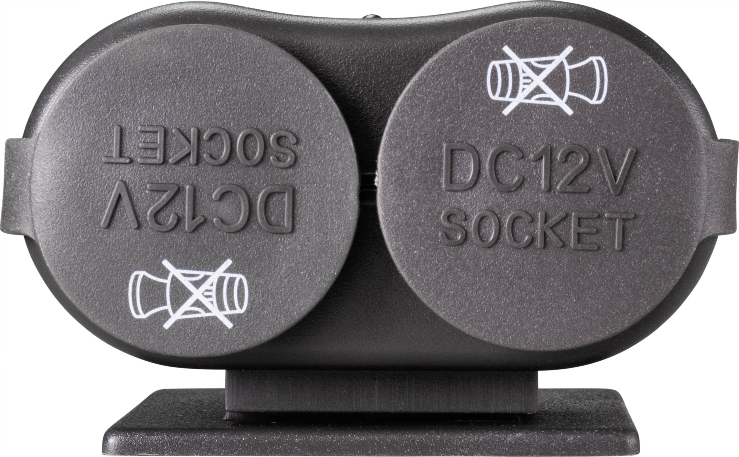 'DC12V SOCKET' Doppelsteckdose mit Schutzabdeckungen, geeignet für Zigarettenanzünder im Auto, Vorderansicht.