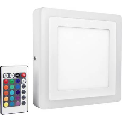 Quadratische LED-Wandleuchte mit Farbwechsel-Fernbedienung, zeigt verschiedene Lichtfarbenoptionen und Helligkeitseinstellungen.
