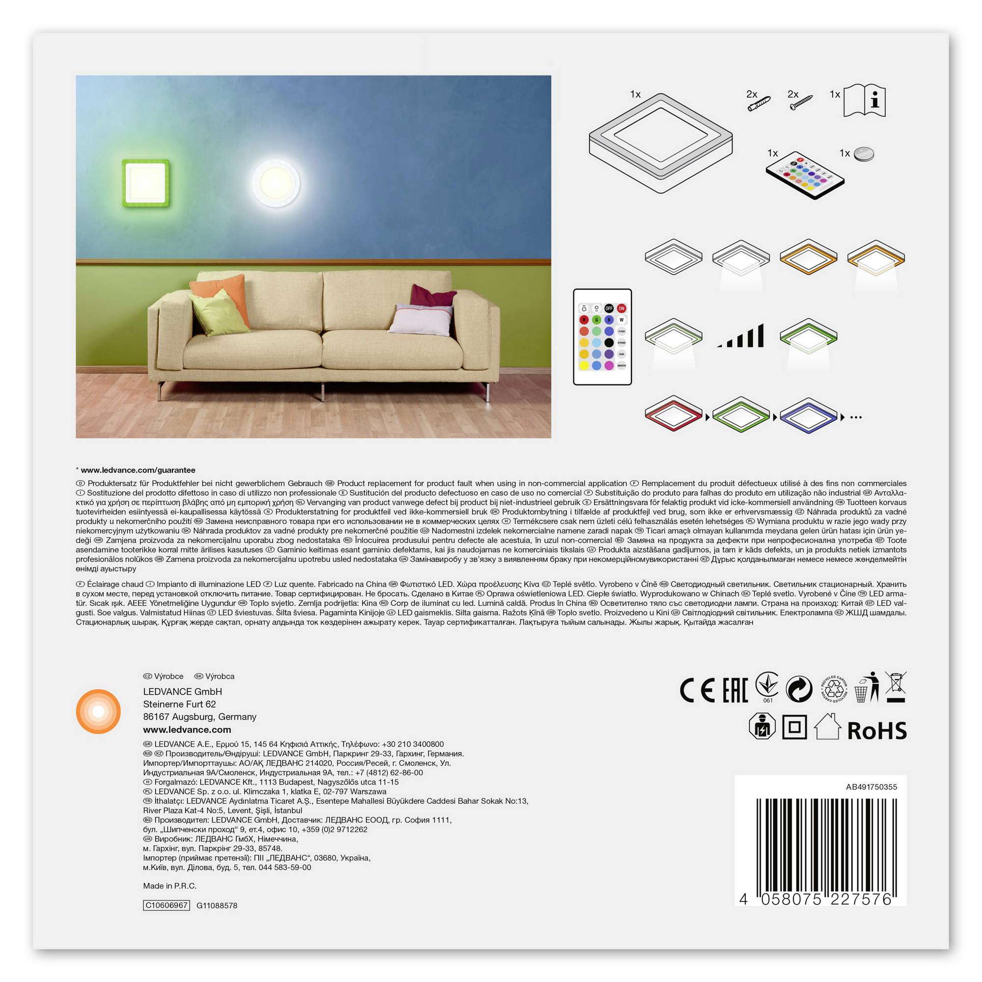 Produktverpackung eines LED-Leuchtpaneels mit technischer Zeichnung, Farboptionen und Steuerungshinweisen. Herstellerangaben und Zertifizierungen unten.