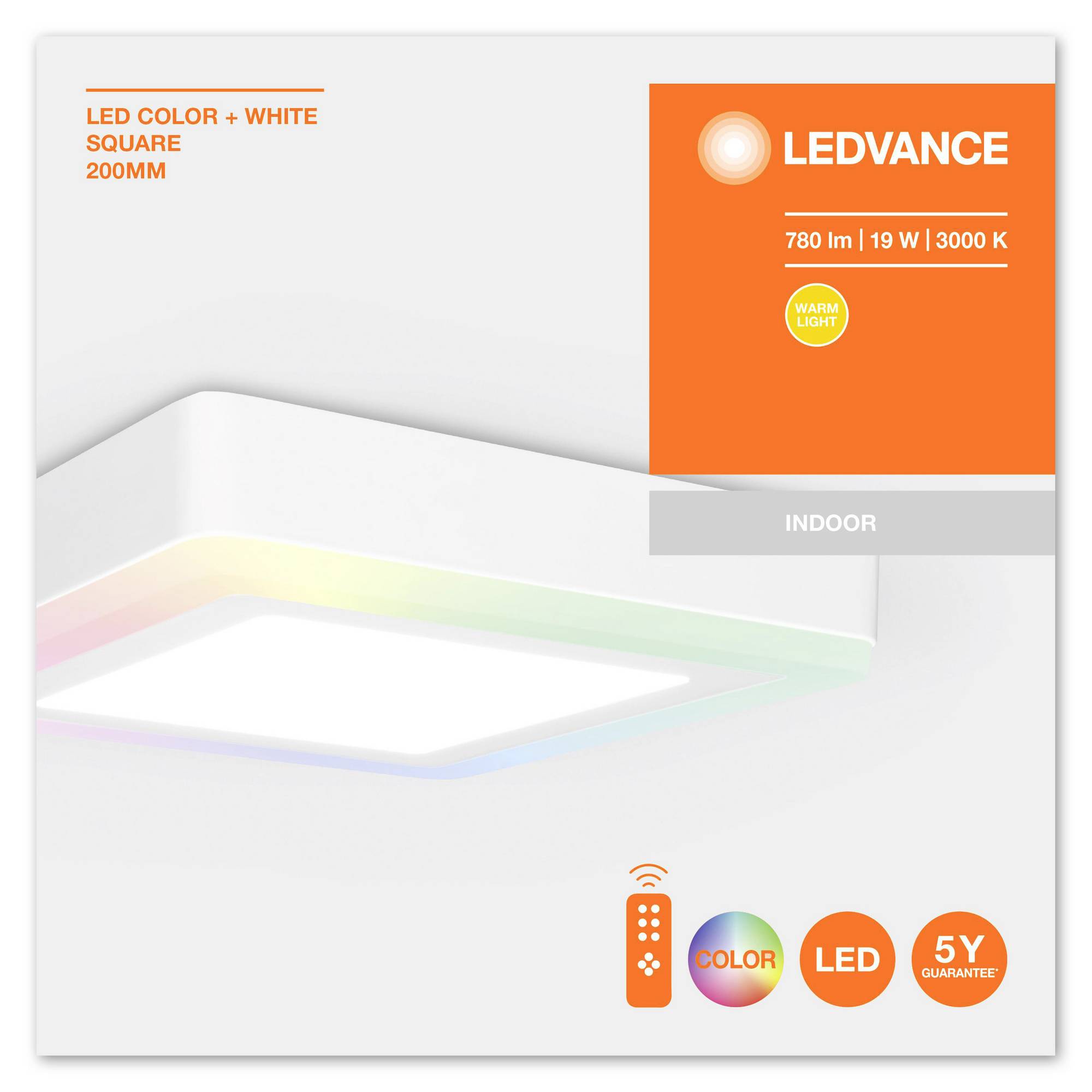 Ein LED-Wand-Licht von Ledvance in Quadrat-Form, 780 lm, 19 W, mit Fernbedienung und 5 Jahren Garantie. Geeignet für Innenräume.