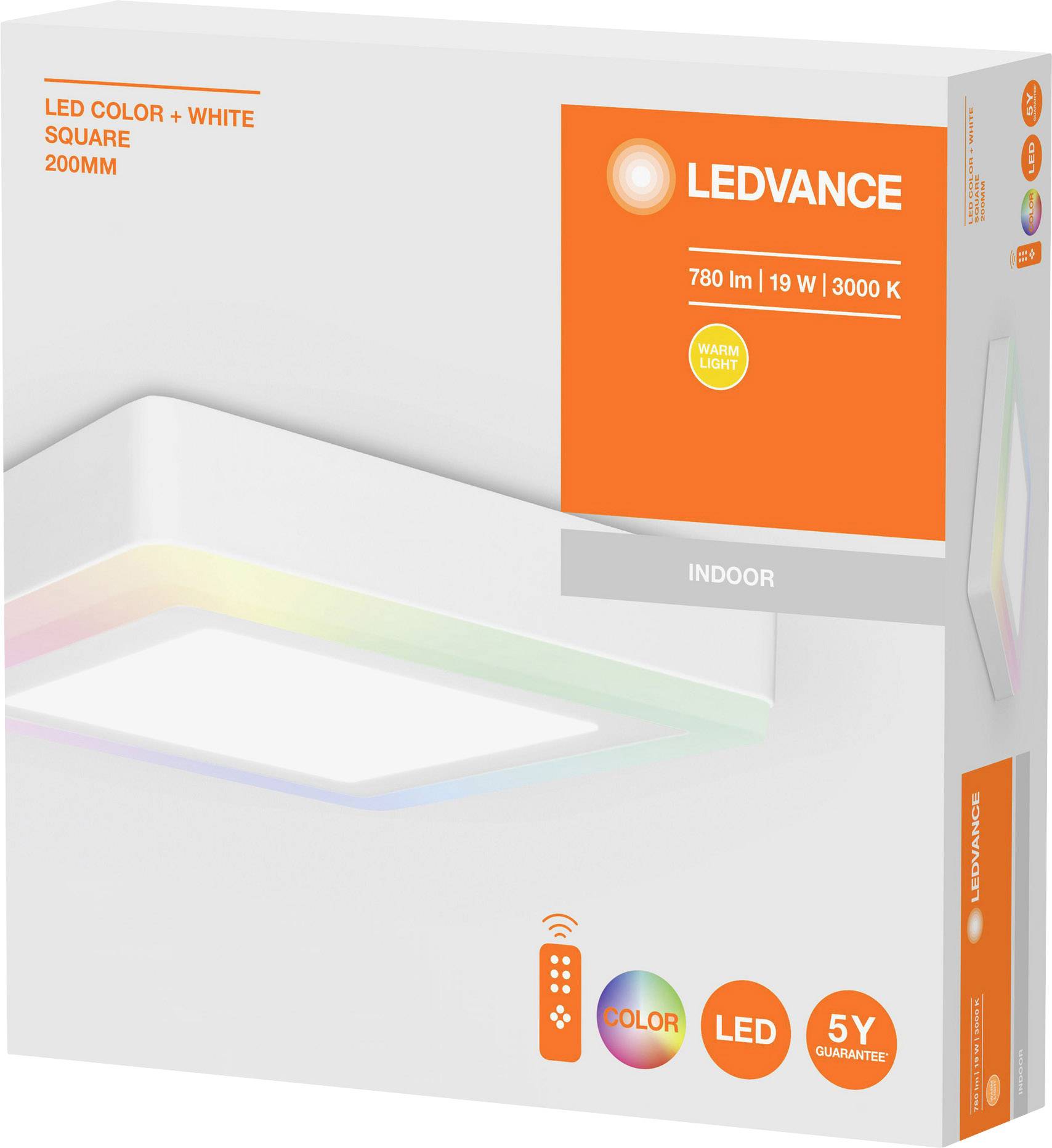 Verpackung einer LED-Deckenleuchte von Ledvance, 780 Lumen, 19 Watt, 3000 Kelvin, Quadrat, inkl. Fernsteuerung, 5 Jahre Garantie.