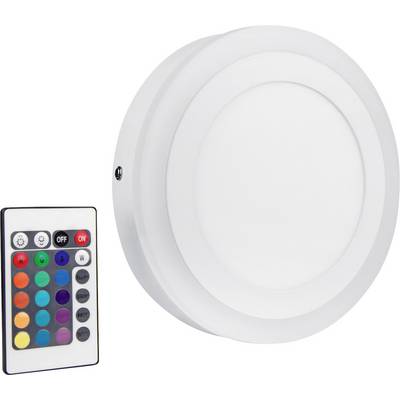 Weiße runde LED-Leuchte mit Fernbedienung. Die Fernbedienung hat bunte Tasten für Lichteinstellungen und An/Aus-Schalter.
