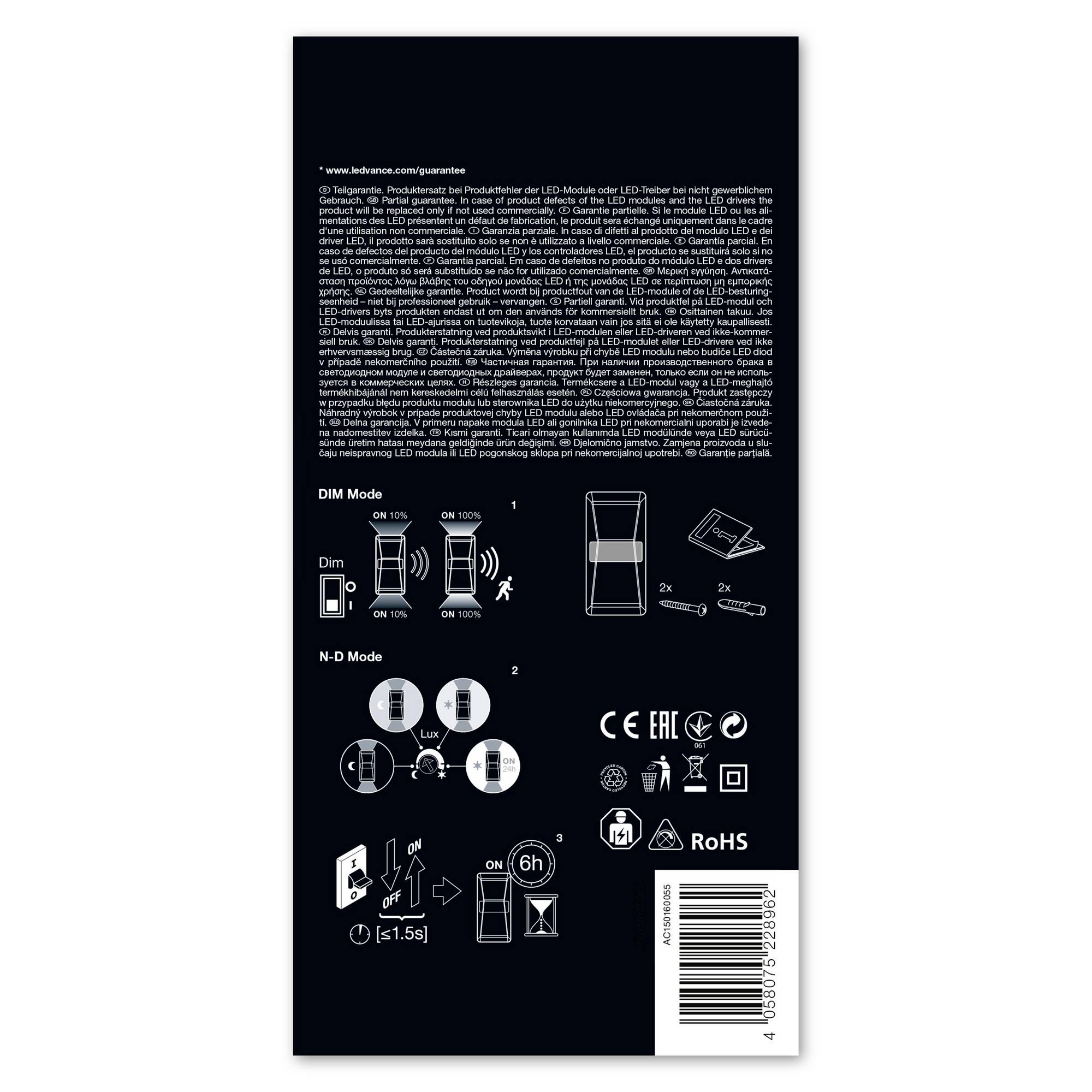 'LED Powerbase' Verpackung zeigt Anweisungen zur Bedienung der Modi, technologische Symbole und Zertifizierungen für Verbraucher.