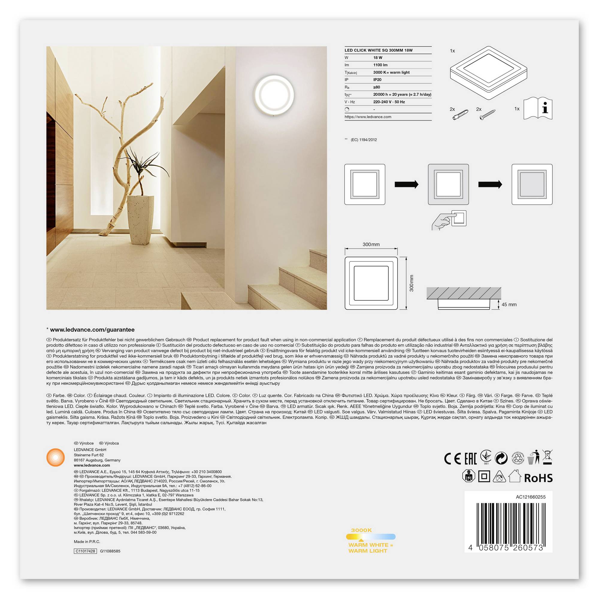 Verpackung eines LED-Lichts mit Abbildungen zur Montage und technischen Spezifikationen. Enthält Fotos eines Innenraums mit Produkt in Verwendung.