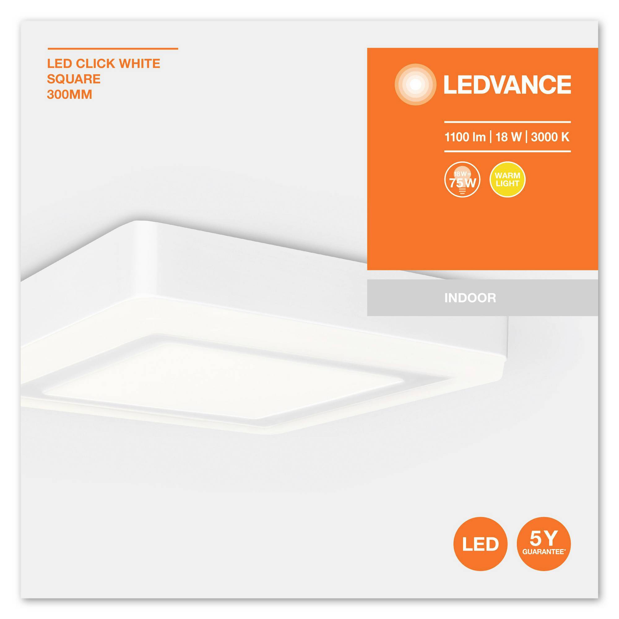 'LED Click White Square, 300mm, 1100lm, 18W, 3000K' Wand- und Deckenleuchte mit warmweißem Licht, eignet sich für Innenräume. 5 Jahre Garantie.