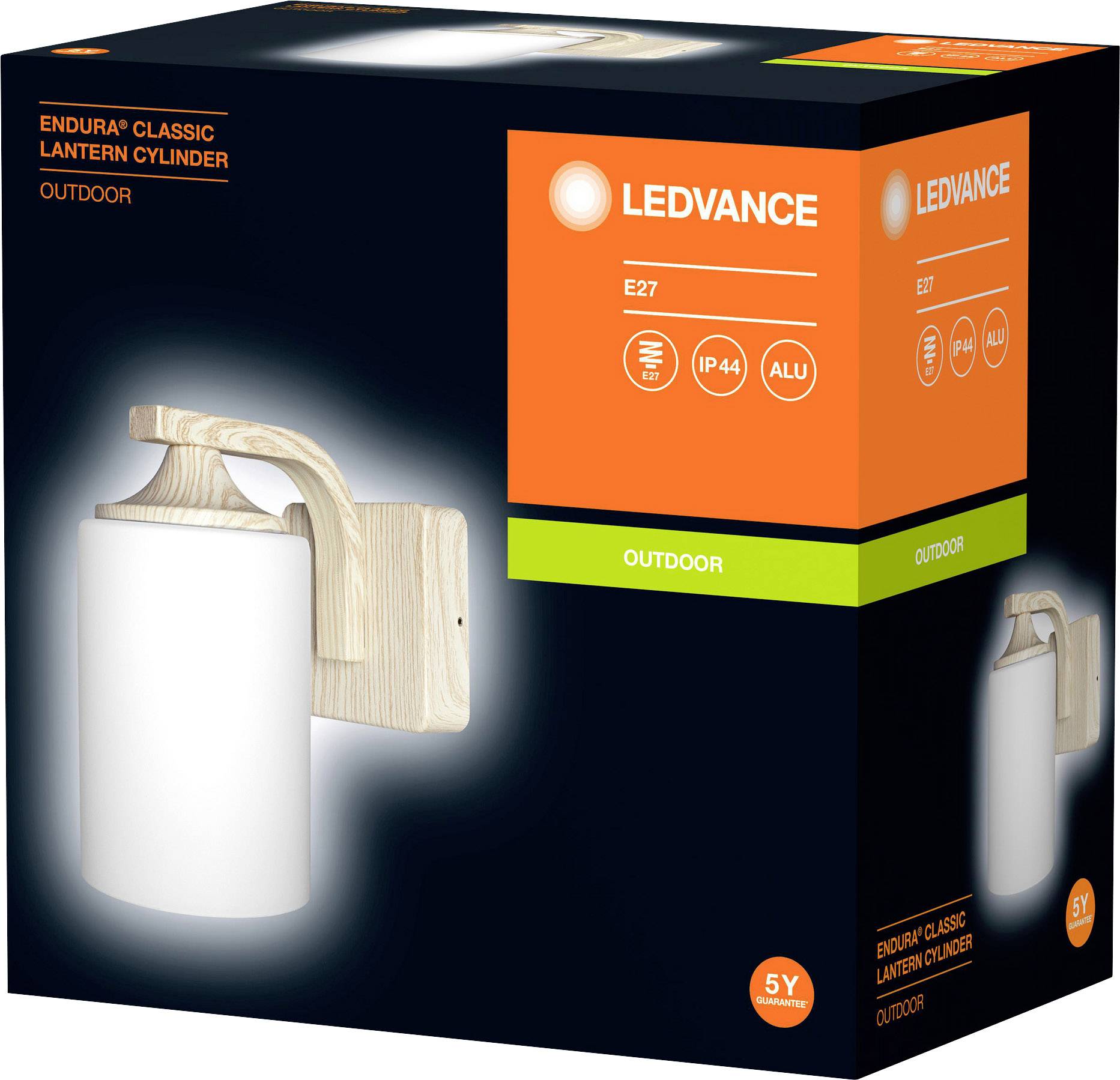 Wandlampe in Zylinderform aus Holz und Glas für den Außenbereich von Ledvance, Energiesparmodell mit E27-Fassung und IP44-Schutzklasse.