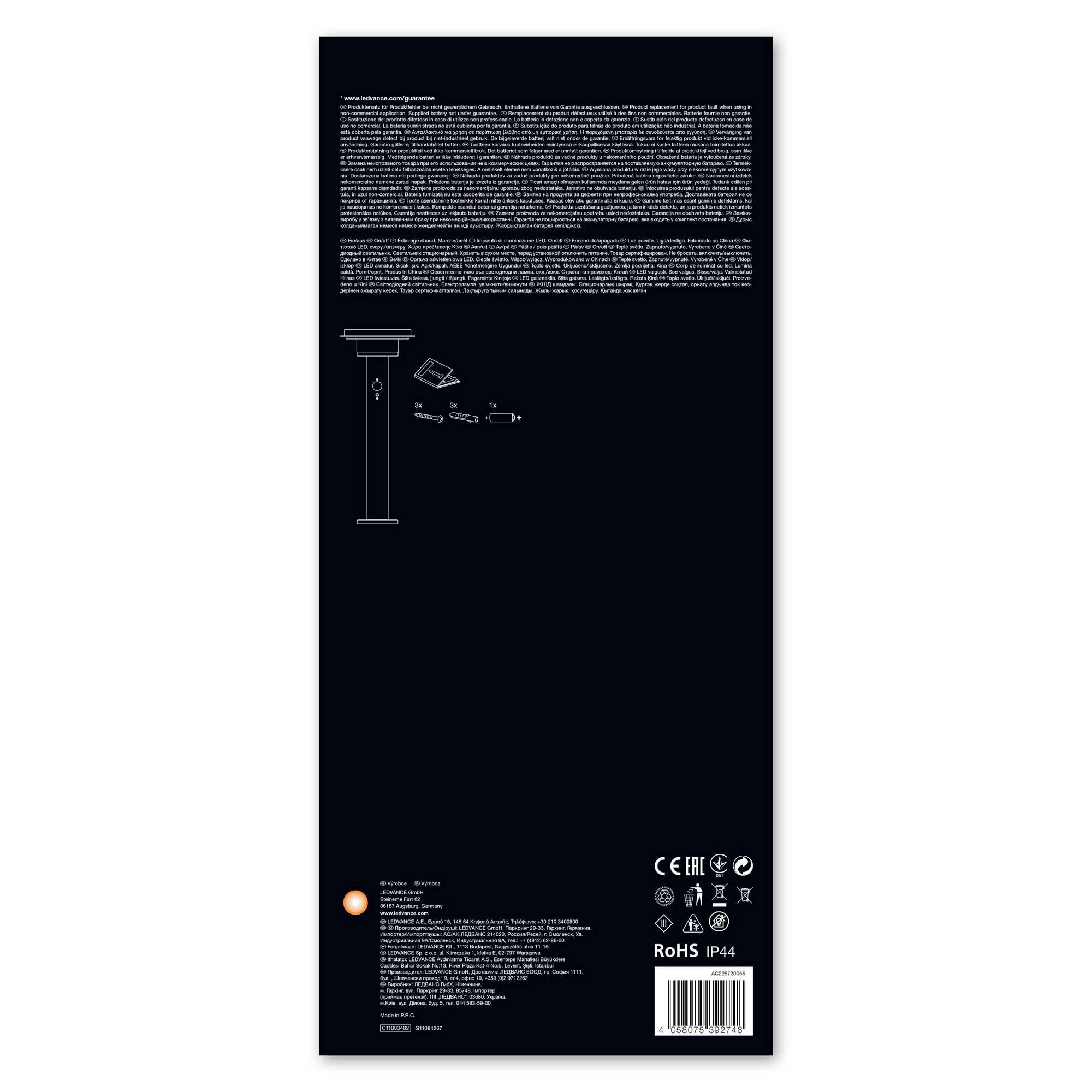 'LED-Solarleuchte' Bedienungsanleitung und Diagramm zur Installation. Enthält Symbole für CE, RoHS und IP44 Standards.