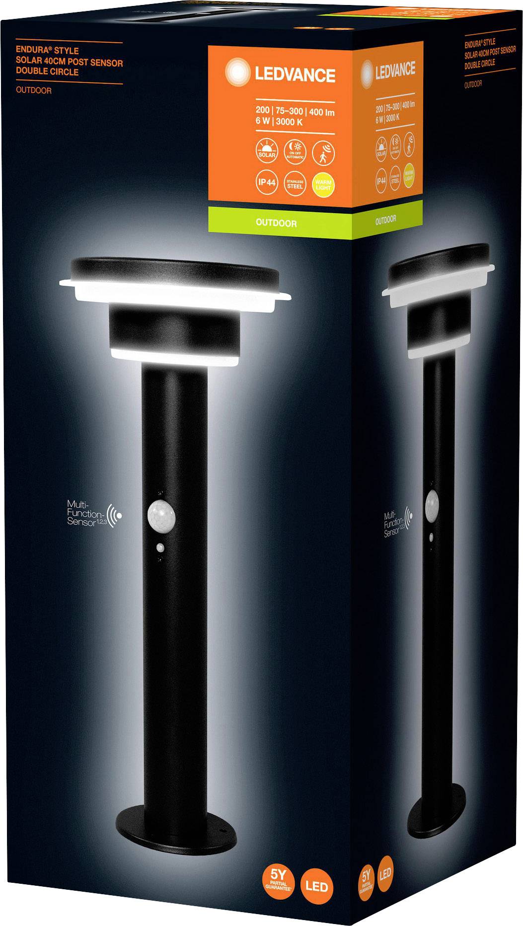 'LEDVANCE Außenleuchte', 'sensoraktivierte Doppellichtmasten', 'LED', '5700K', 'Lichtsteuerung', schwarze Stange, Produktverpackung.