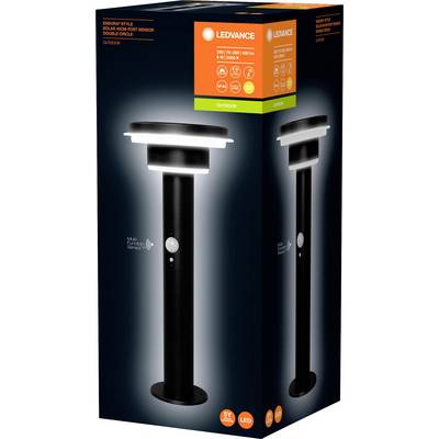 'LEDVANCE Außenleuchte', 'sensoraktivierte Doppellichtmasten', 'LED', '5700K', 'Lichtsteuerung', schwarze Stange, Produktverpackung.