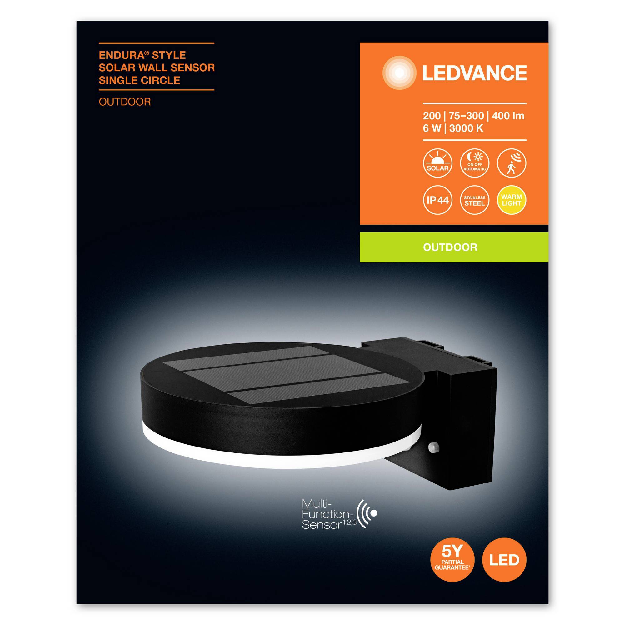 'LEDVANCE Solarlampe für den Außenbereich, 6W, 3000K. Rundes Design, Multi-Funktions-Sensor, 5 Jahre Garantie.'