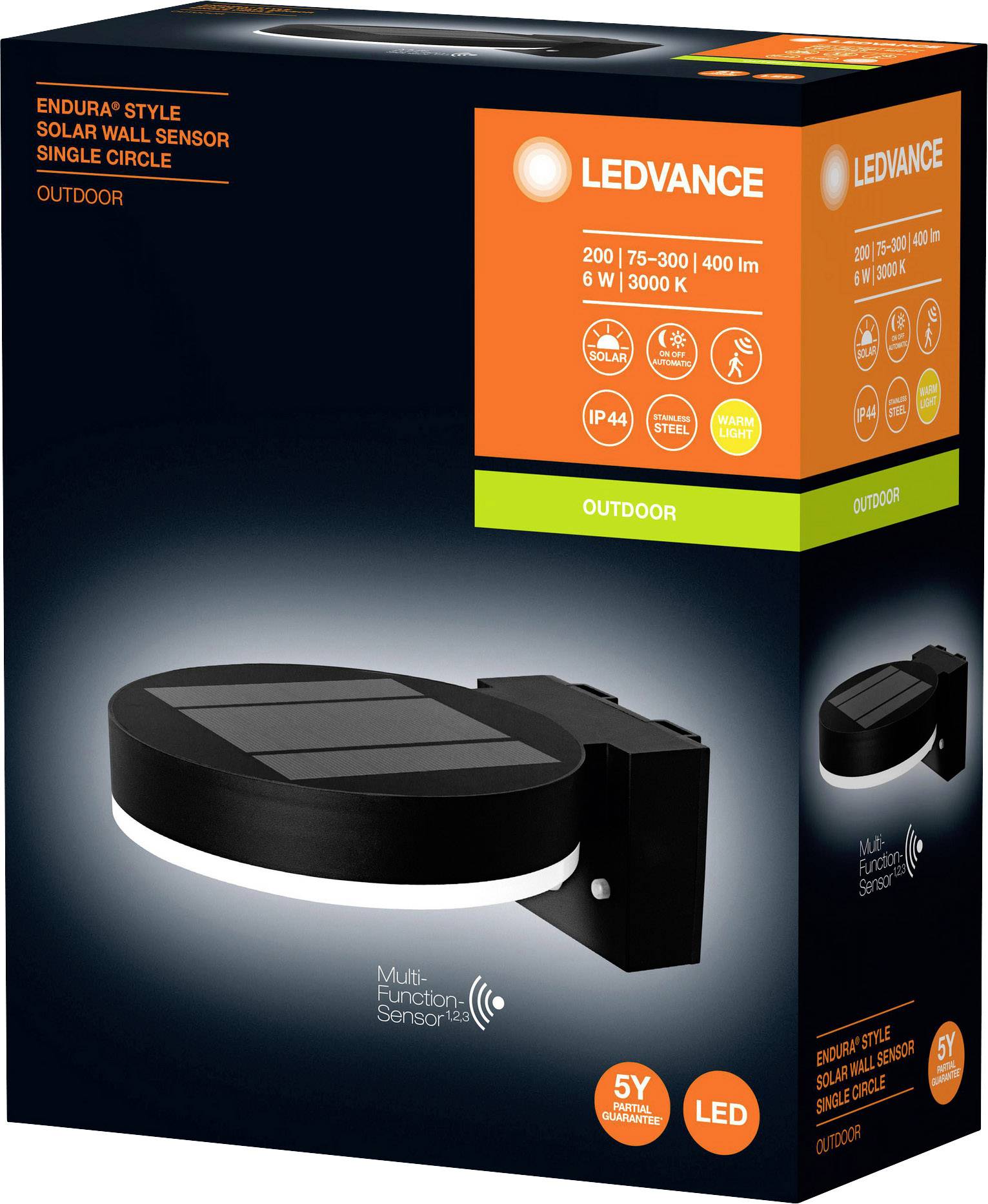 Verpackung einer LED-Leuchte mit Solarsensor, geeignet für den Außenbereich. Lichtleistung: 400 Lumen, energieeffizient, IP44 geschützt.