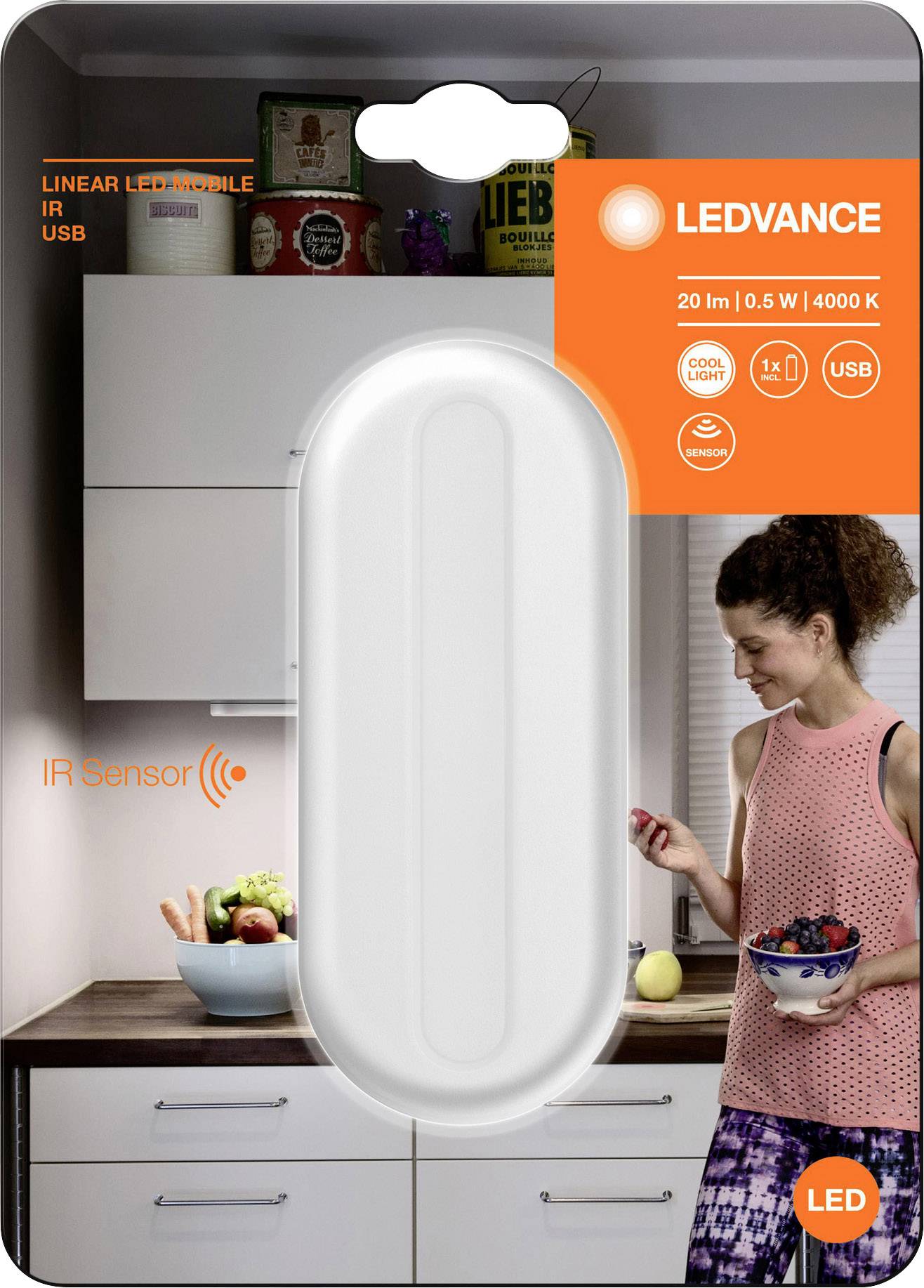 Verpackung einer LED-Lampe von Ledvance, beschrieben als 'Linear LED Mobile'. Zeigt Lampe, Frau in Küche und Textangaben zu Spezifikationen.