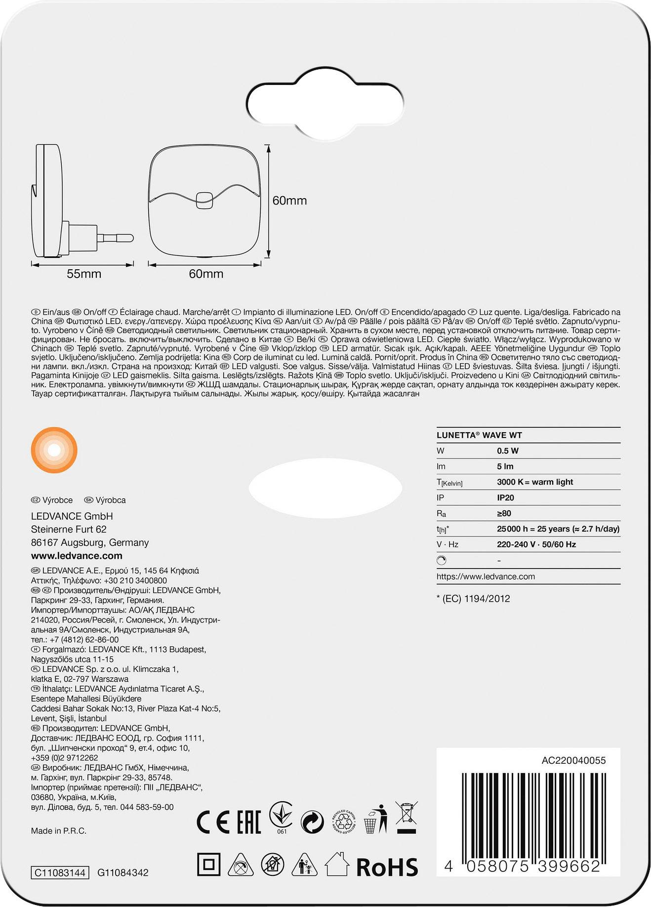 Rückseite einer LEDVANCE LED-Nachtlicht-Verpackung mit technischen Details, Herstellerangaben, Zertifizierungen und Strichcode.