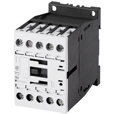 Industrieschütz mit schwarzem Gehäuse und weißen Frontplatten, verwendet für das Schalten elektrischer Motoren in Schaltschränken.