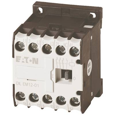 Ein brauner Schütz mit sechs Schraubklemmen, der Marke Eaton. Auf der Vorderseite befindet sich die Aufschrift 'DIL EM12-01'.