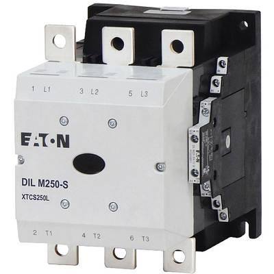 Ein schwarzer und weißer Schütz mit der Aufschrift 'Eaton DIL M250-S XTCS250L', der für die Steuerung elektrischer Schaltungen verwendet wird.