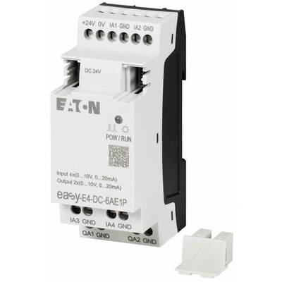 Ein weißes Eaton-Steuerungsmodul mit der Bezeichnung 'easyE4-DC-6AE1P', Ein- und Ausgänge für DC 24V, neben einem kleineren grauen Anschlussmodul.