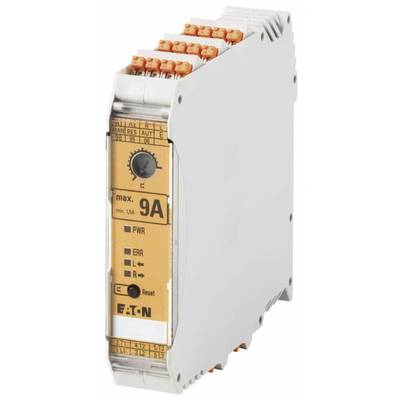 Ein graues und orangefarbenes elektronisches Relaismodul mit Aufschrift 'max. 9A', mehreren Anschlussklemmen und Schalter.