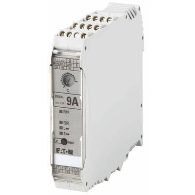 Ein weißes elektrisches Steuergerät von Eaton mit der Beschriftung 'max. 9A', Anzeigeleuchten und einem Einstellknopf.