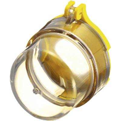 Gelbes und transparentes Kunststoffteil mit rundem Design und Scharnier oben. Geeignet für mechanische oder industrielle Anwendungen.