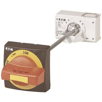 Ein roter Sicherheitsschalter mit gelbem Hintergrund, der von der Marke Eaton stammt, montiert auf einer rechteckigen weißen Box.