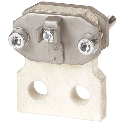 Ein keramischer Sicherungshalter mit zwei Metallschrauben und einer Halterung, geeignet für den sicheren Halt elektrischer Sicherungen.